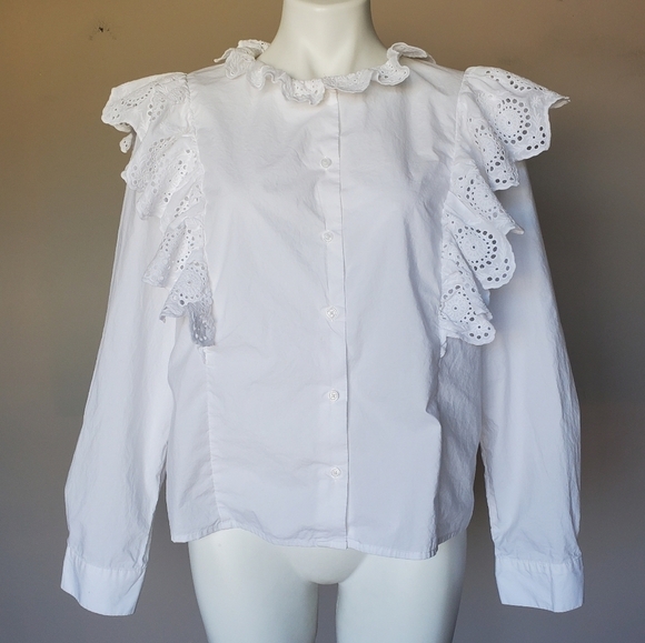 Mango MNG Ruffle Eyelet Lace Trim Blouse White Boho Prairie Women's Size 10 - Picture 4 of 9